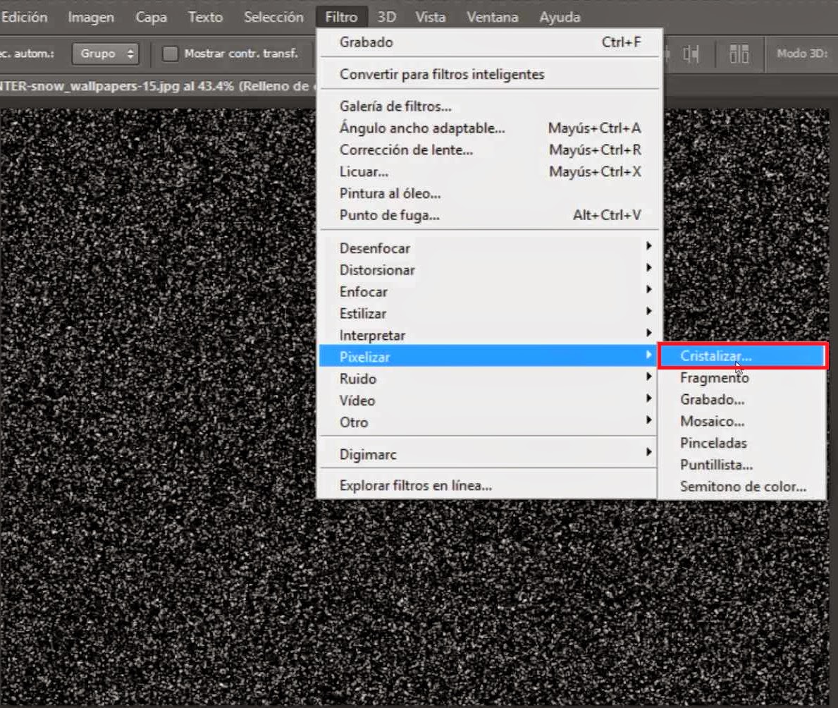 menú filtros pixelizar cristalizar 