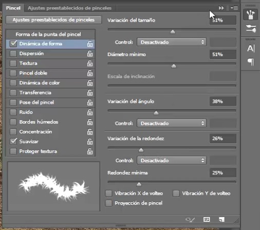 propiedades de pincel dinámica de forma suavizar