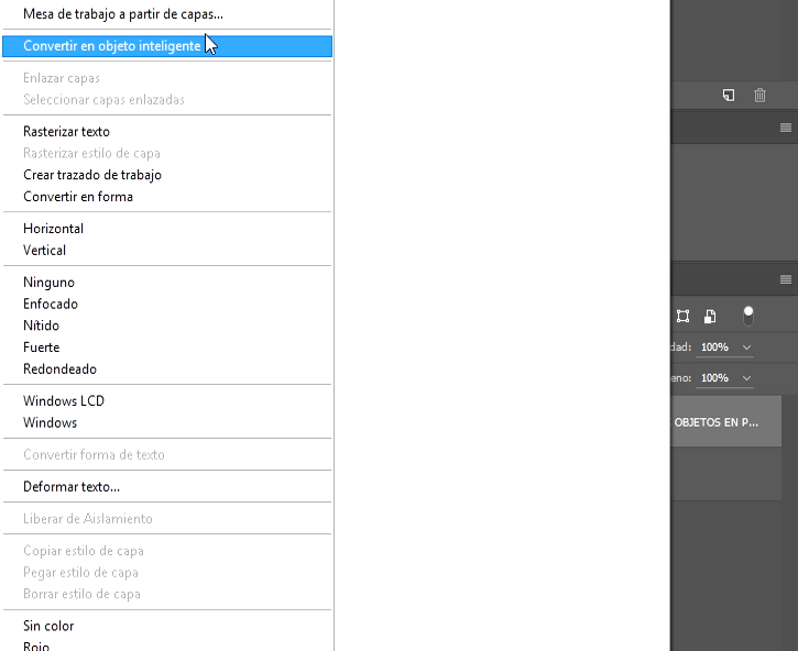 menú convertir a objeto inteligente